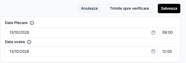 Ecranul șoferului cu butonul Trimite spre verificare